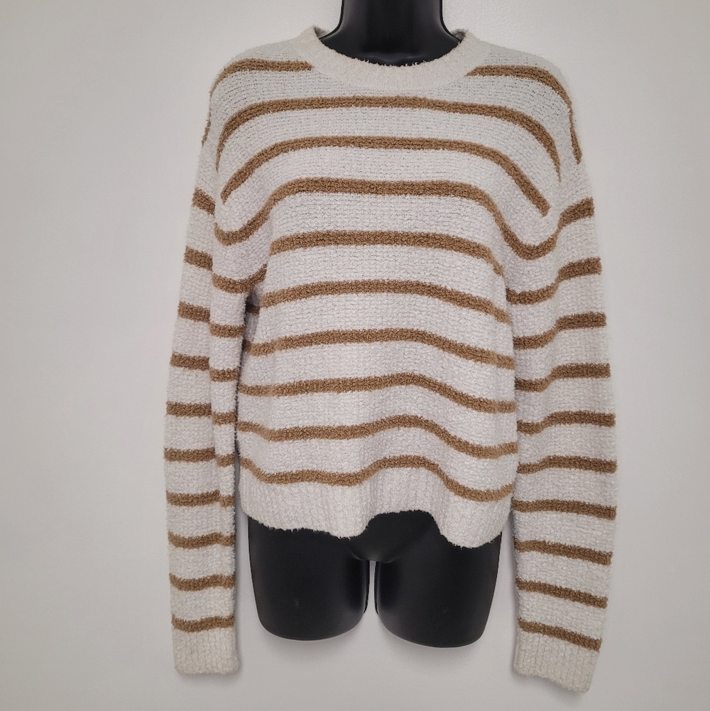 Vince Striped Boucle Knit Waffle Stitch Cotton Blend Stretch Cozy Sweater sz S